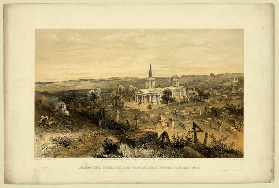 Quarantine cemetery and church, with French battery no. 50 - W. Simpson del. ; J. Needham, lith. ; Day & Son, Lithrs. to the Queen. LCCN2004679188