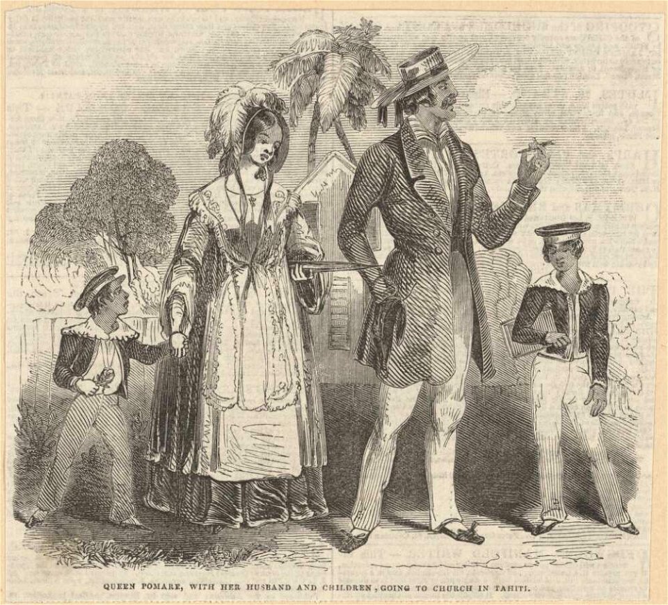 Queen Pomare with her husband and children, going to church in Tahiti, 1844