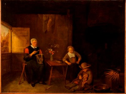 Quiringh van Brekelenkam - Haspelende vrouw en twee spelende kinderen in een interieur - ГЭ-2907 - Hermitage Museum. Free illustration for personal and commercial use.