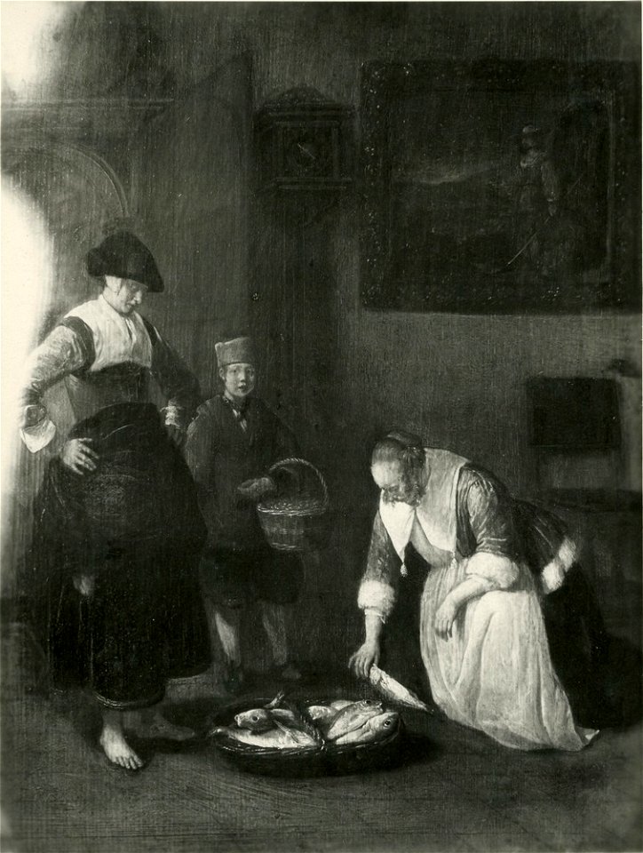 Quiringh van Brekelenkam - Visverkoopster en een knecht in een interieur met een jonge vrouw die vis uitkiest - 992 - Museum der bildenden Künste