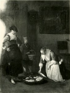 Quiringh van Brekelenkam - Visverkoopster en een knecht in een interieur met een jonge vrouw die vis uitkiest - 992 - Museum der bildenden Künste