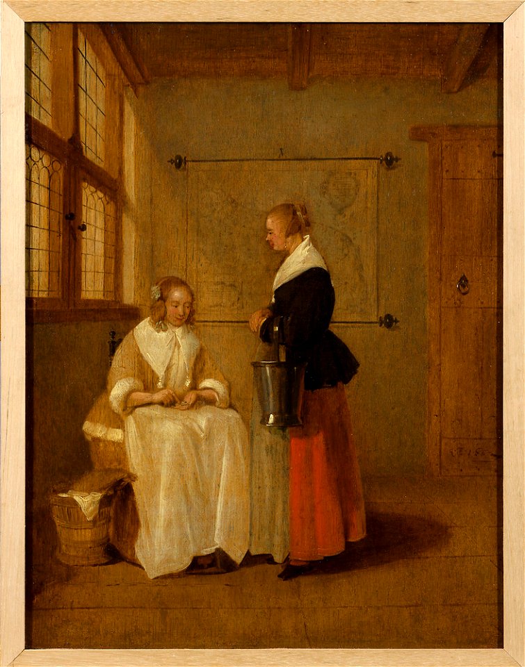 Quiringh van Brekelenkam - Interieur met zittende vrouw die haar dienstbode geld geeft - 1919.0237 - Groninger Museum