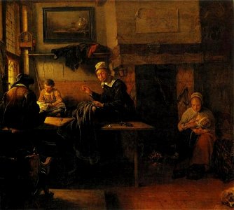 Quiringh van Brekelenkam - Kleermaker in zijn werkplaats met twee hulpjes en een vrouw die een kind de borst geeft - NG2549 - National Gallery