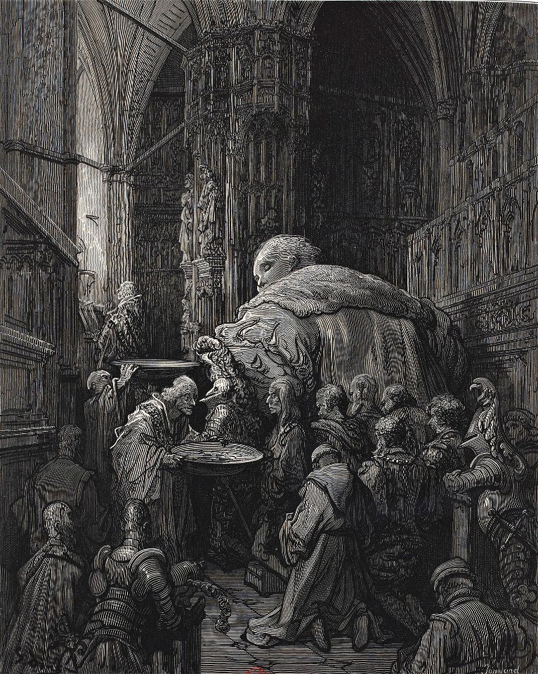 Quête pendant la messe sèche - Chapitre L du Quart Livre illustré par Gustave Doré