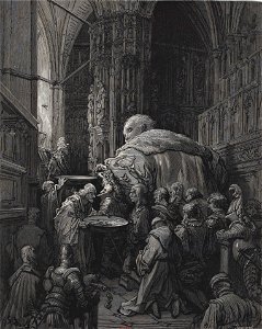 Quête pendant la messe sèche - Chapitre L du Quart Livre illustré par Gustave Doré