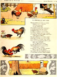Rabier - Fables de La Fontaine - La Perdrix et les Coqs. Free illustration for personal and commercial use.