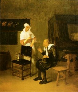 Quiringh van Brekelenkam - Oude man en jonge vrouw met een roemer in een interieur - 209 - Städel Museum. Free illustration for personal and commercial use.