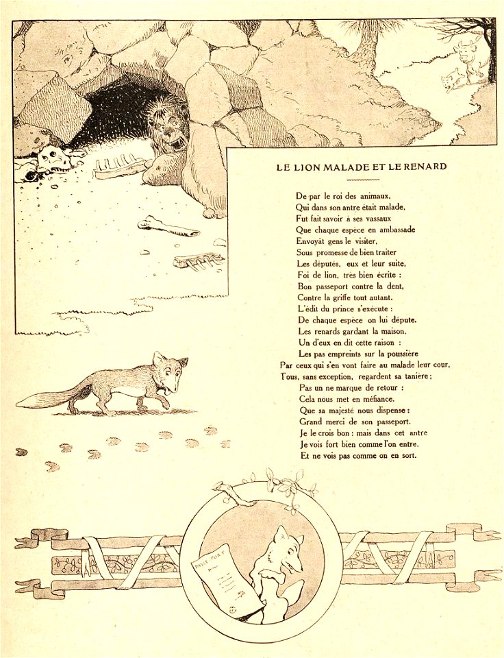 Rabier - Fables de La Fontaine - Le Lion malade et le Renard