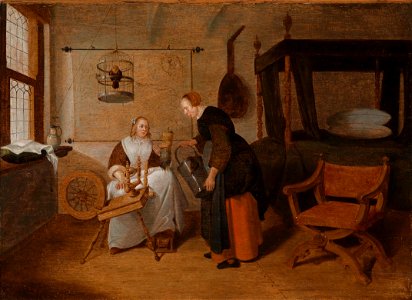 Quiringh Gerritsz van Brekelenkam Interieur mit einer jungen Frau am Spinnrad und einer Magd. Free illustration for personal and commercial use.