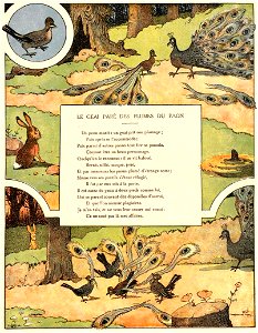 Rabier - Fables de La Fontaine - Le Geai paré des plumes du paon. Free illustration for personal and commercial use.