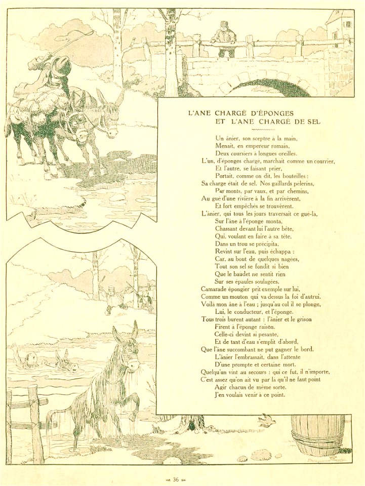 Rabier - Fables de La Fontaine - L'Âne chargé d'éponges et l'Âne chargé de sel