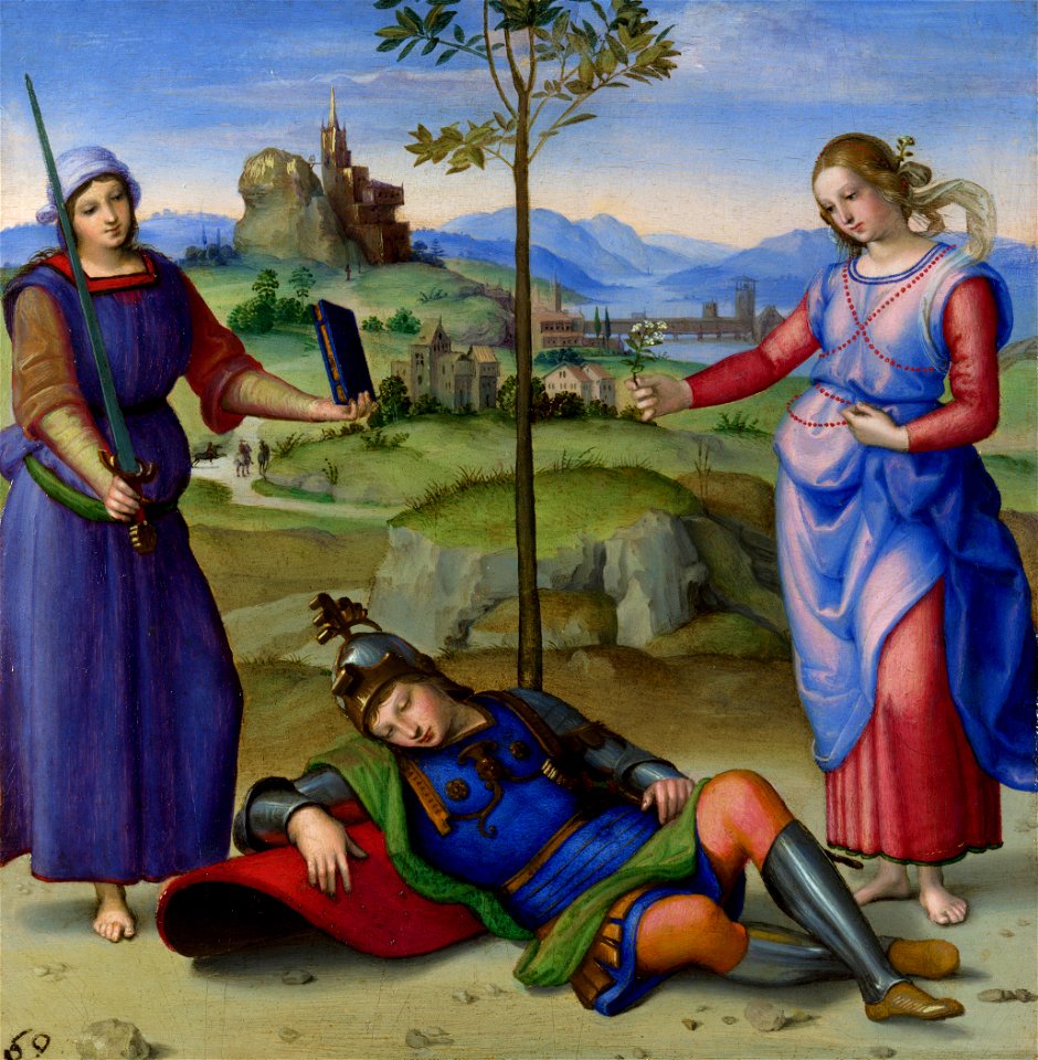 RAFAEL - Sueño del Caballero (National Gallery de Londres, 1504. Óleo sobre tabla, 17 x 17 cm)
