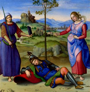 RAFAEL - Sueño del Caballero (National Gallery de Londres, 1504. Óleo sobre tabla, 17 x 17 cm)
