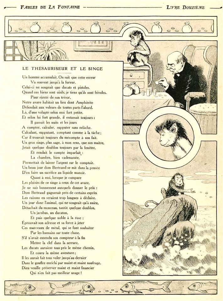Rabier - Fables de La Fontaine - Du Thésauriseur et du Singe