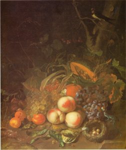 Rachel Ruysch - Fruit still life with a bird's nest and lizard