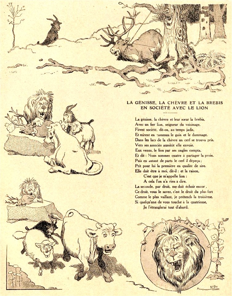 Rabier - Fables de La Fontaine - La Génisse, la Chèvre et la Brebis, en société avec le Lion