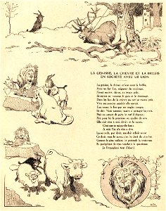 Rabier - Fables de La Fontaine - La Génisse, la Chèvre et la Brebis, en société avec le Lion