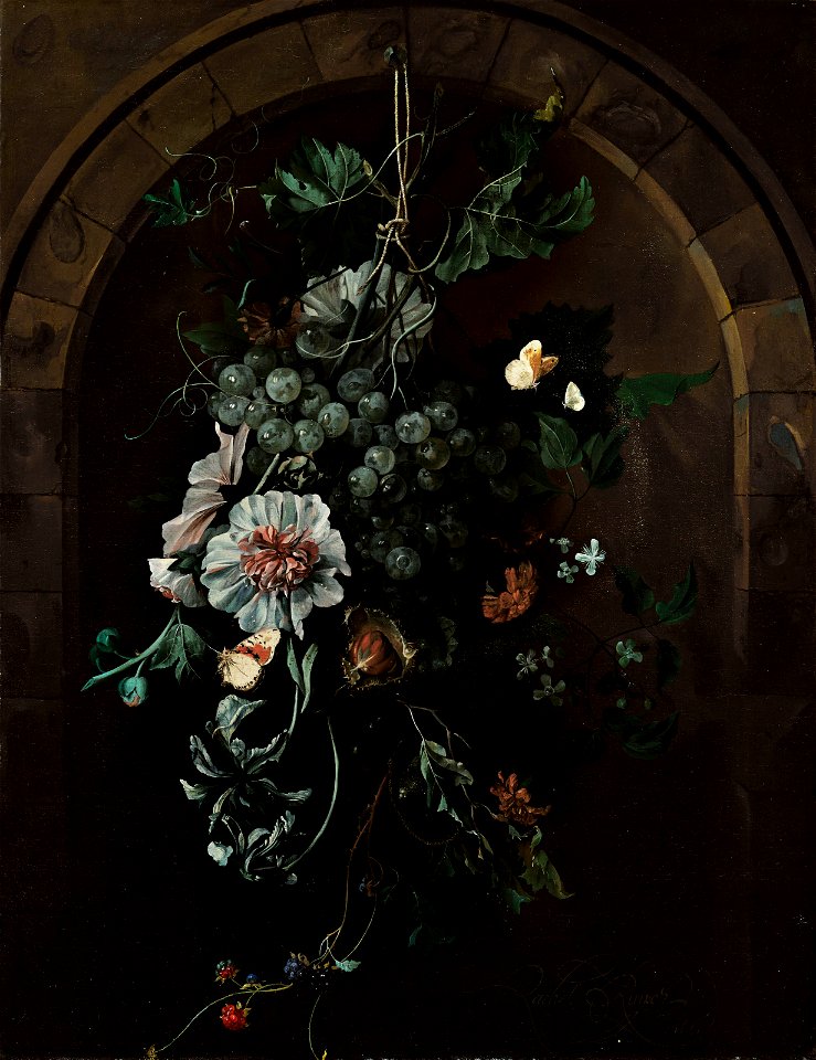 Rachel Ruysch - A swag of fruit and flowers suspended before a stone arch