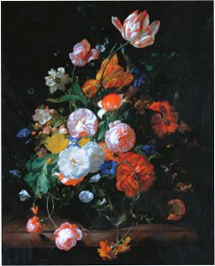Rachel Ruysch - Flowers in a glass vase on a marble slab formerly of Munich Alte Pinakothek