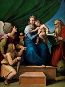 Raffaello Sanzio - Sacra Famiglia con Rafael, Tobia e San Girolamo, o Vergine del pesce. Free illustration for personal and commercial use.