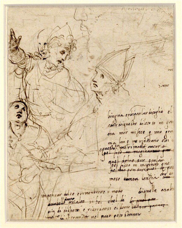 Raffaello - Studie für den heiligen Ambrosius und Petrus Lombardus der Disputà (Stanza della Segnatura, Vatikan) und weitere Studien, 205v
