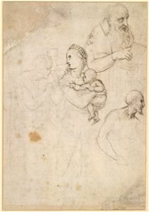 Raffaello - Studienblatt zu einer Madonna mit Diadem, einem hl. Hieronymus und zwei Halbfiguren im Profil (Studie für die Madonna mit dem Fisch), 208v