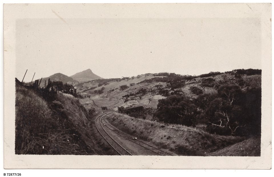 Railway tracks through Pichi Richi Pass with Mt. Brown in the distance, State Library of South Australia B 7287726