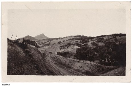 Railway tracks through Pichi Richi Pass with Mt. Brown in the distance, State Library of South Australia B 7287726