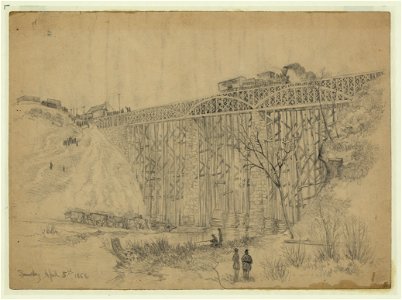 Railroad train containing President Lincoln crossing Potomac Creek bridge on his way to review the Army of the Potomac LCCN2004661921