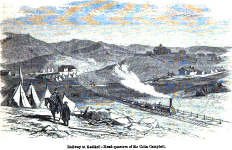 Railway at Kadikof - Headquarters of Sir Colin Campbell. George Dodd. Pictorial history of the Russian war 1854-5-6. Free illustration for personal and commercial use.