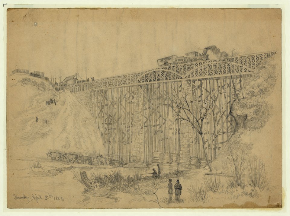 Railroad train containing President Lincoln crossing Potomac Creek bridge on his way to review the Army of the Potomac LCCN2004661921