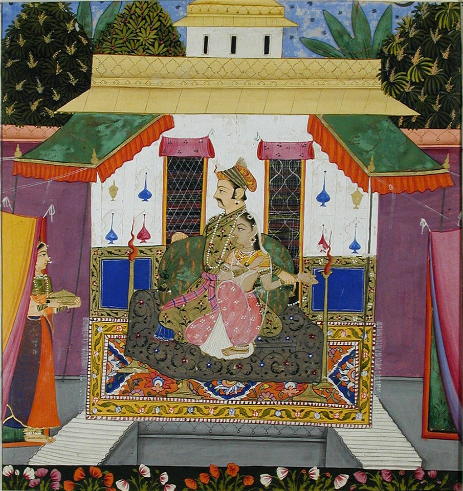 Ragamala, Lovers seated on a couch, served by a maid (6124543559)