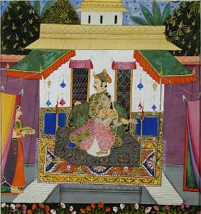Ragamala, Lovers seated on a couch, served by a maid (6124543559)