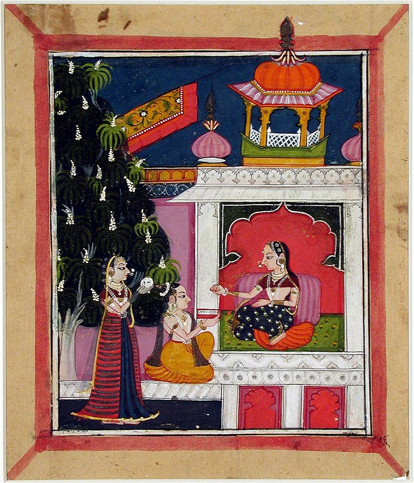 Ragamala, A kneeling man offers a book to a lady in a pavilion (6125113134)