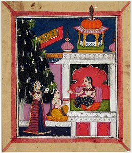 Ragamala, A kneeling man offers a book to a lady in a pavilion (6125113134)