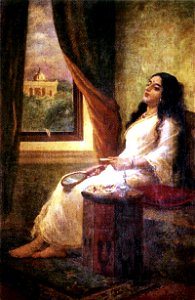 Raja Ravi Varma, In Contemplation. Free illustration for personal and commercial use.