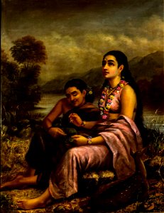 Raja Ravi Varma, Sakunthala Pathralekhan (another version). Free illustration for personal and commercial use.