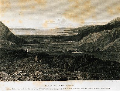 Plain of Marathon, with a distant view of the Tomb of Athenians; the village of Marathon and Bay; and the course of the - Clarke Edward Daniel - 1816