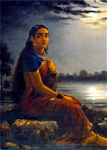 Raja Ravi Varma, Lady in the Moon Light (1889). Free illustration for personal and commercial use.