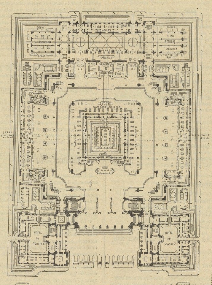 Plan d'un hôtel pour le siège centrale d'une banque d'état, projet de Tony Garnier pour le grand prix de Rome de 1899