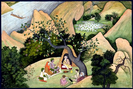 Rama, Sita, and Lakshmana at the Hermitage of Bharadvaja Page from a dispersed Ramayana (Story of King Rama), ca. 1780. Free illustration for personal and commercial use.