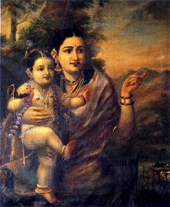 Raja Ravi Varma, Yasoda with Krishna. Free illustration for personal and commercial use.