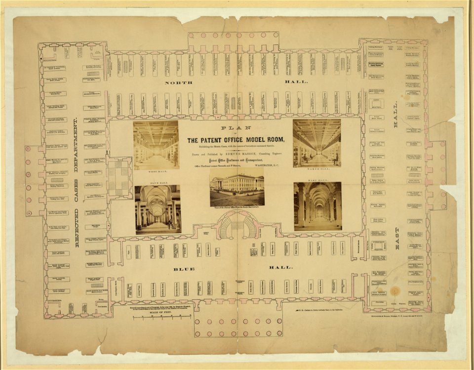 Plan of the Patent Office model room, exhibiting the model cases, with the names of inventions contained therein - drawn and published by Edmund Masson, consulting engineer, Patent Office LCCN2006676657