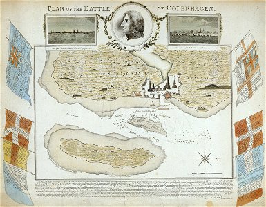 Plan of the Battle of Copenhagen (with inset, View of the Danish Line prior to the Engagement; portrait of Nelson; View of Both the Fleets in Action.) RMG PY7985