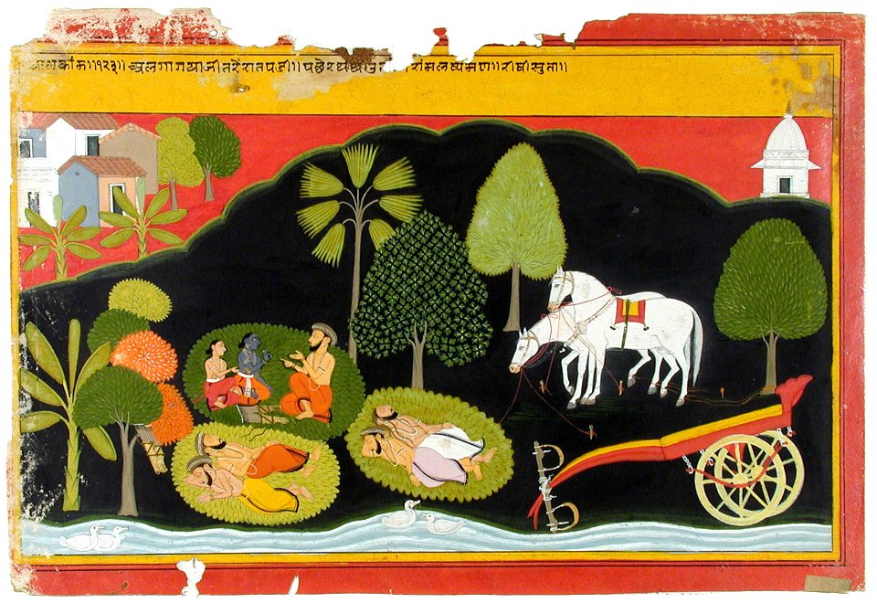 Rama and Lakshman converse with a man at night, while the others sleep (6125095504)