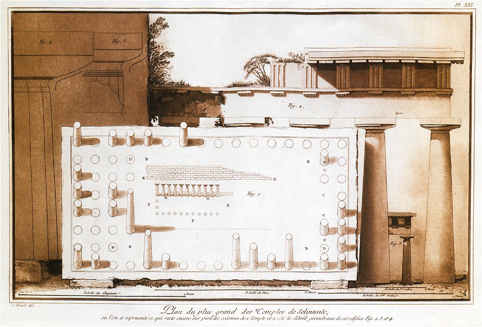 Plan du plus grand des Temples de Selinunte, où l'on a representé ce qui reste encore sur pied des colonnes de ce Temp - Houel Jean - 1782