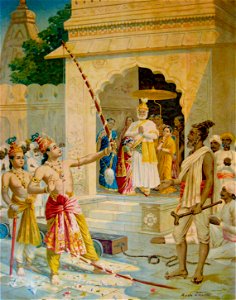 Rama breaking the bow to win Sita as wife
