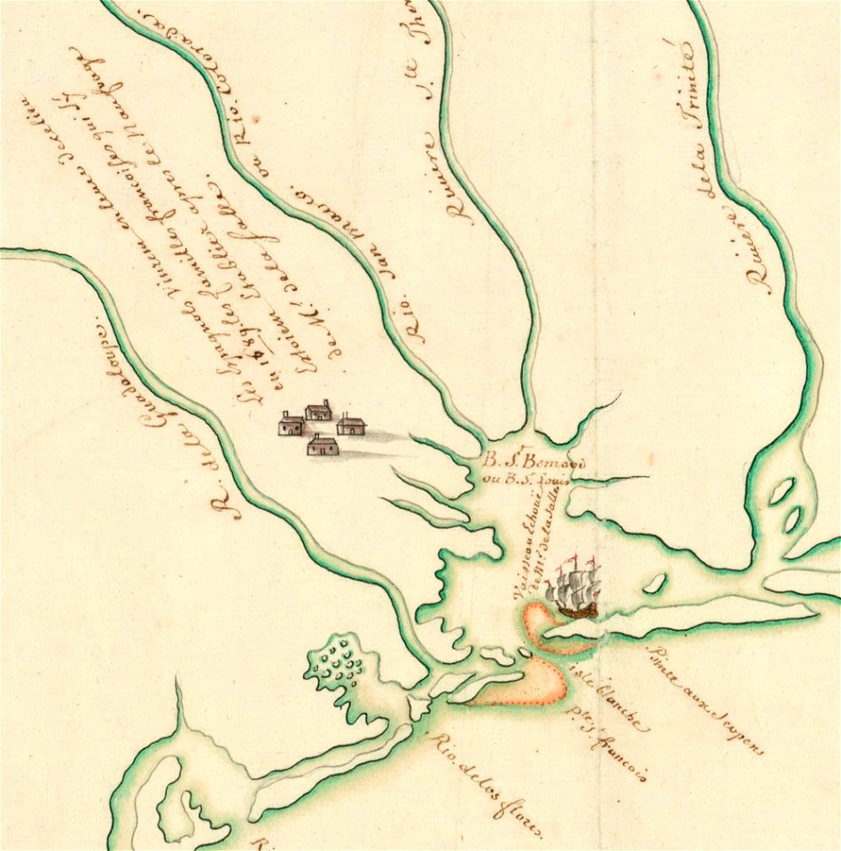 Plan présentant le naufrage d'un navire de Cavelier de La Salle en 1686