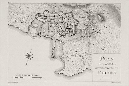 Plan de la ville et des ports de Rhodes - Choiseul-gouffier Gabriel Florent Auguste De - 1782. Free illustration for personal and commercial use.