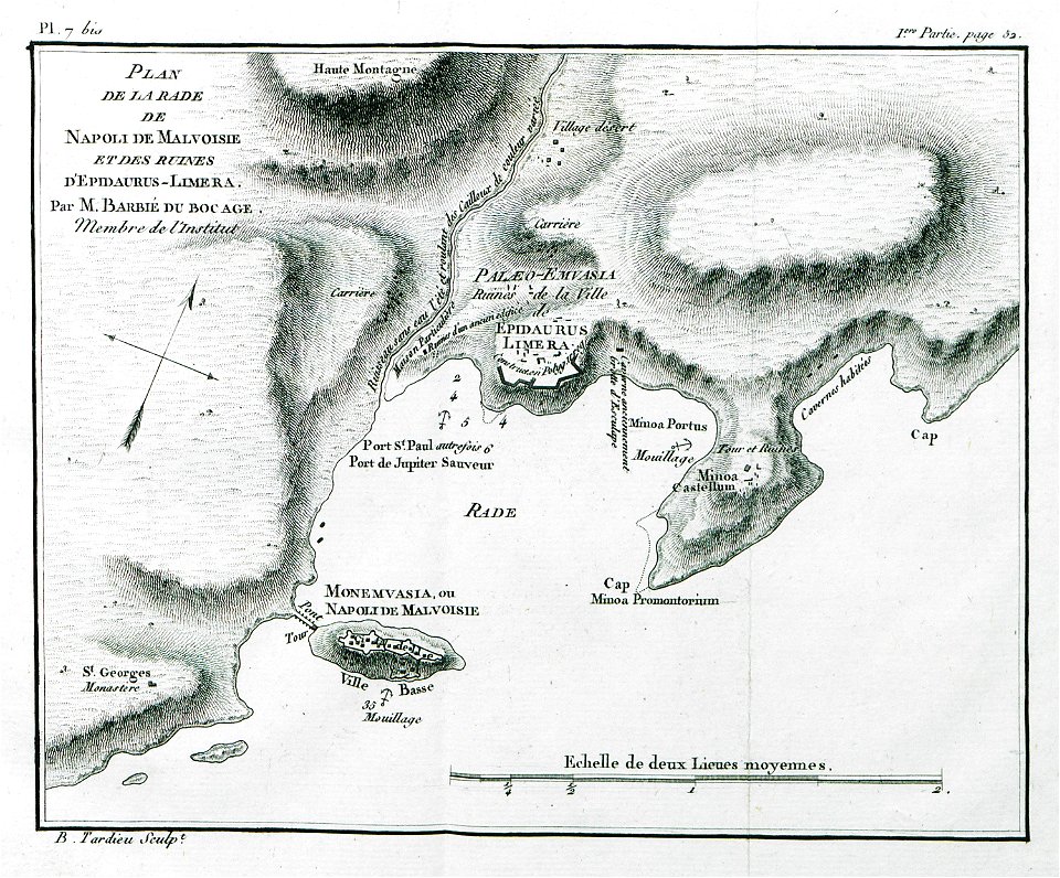 Plan de la rade de Napoli de Malvoisie et des ruines d'Épidaurus-Limera Par Par M Barbié du Bocage, membre de l'Instit - Castellan Antoine-laurent - 1808